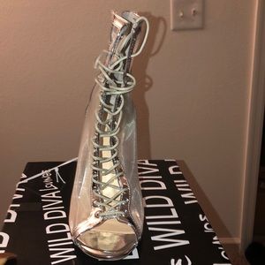 Clear metallic heels.